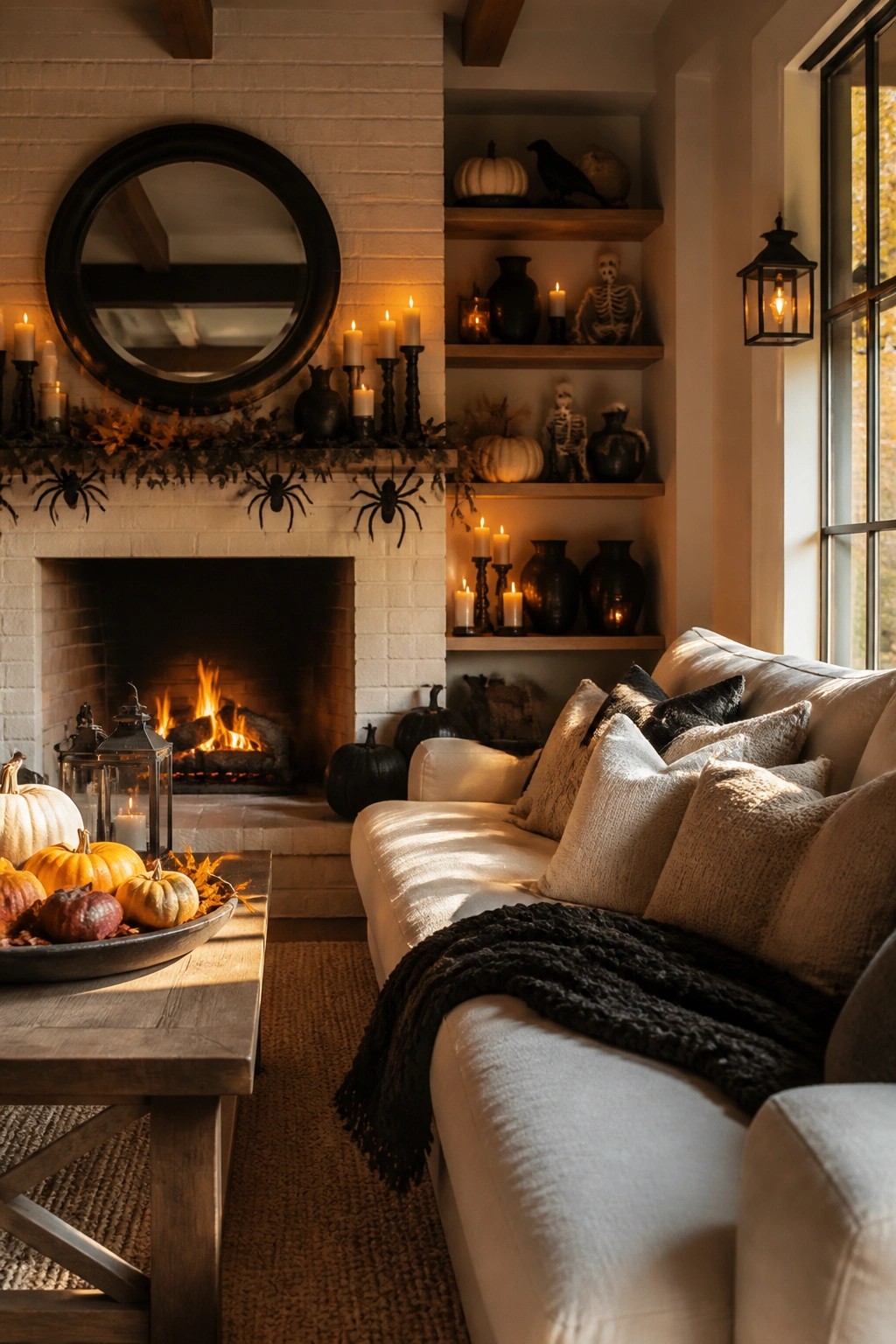 Living room mantel styled with black spiders, white pumpkins, candles, and small skeletons arranged on built-in shelves beside a lit fireplace.