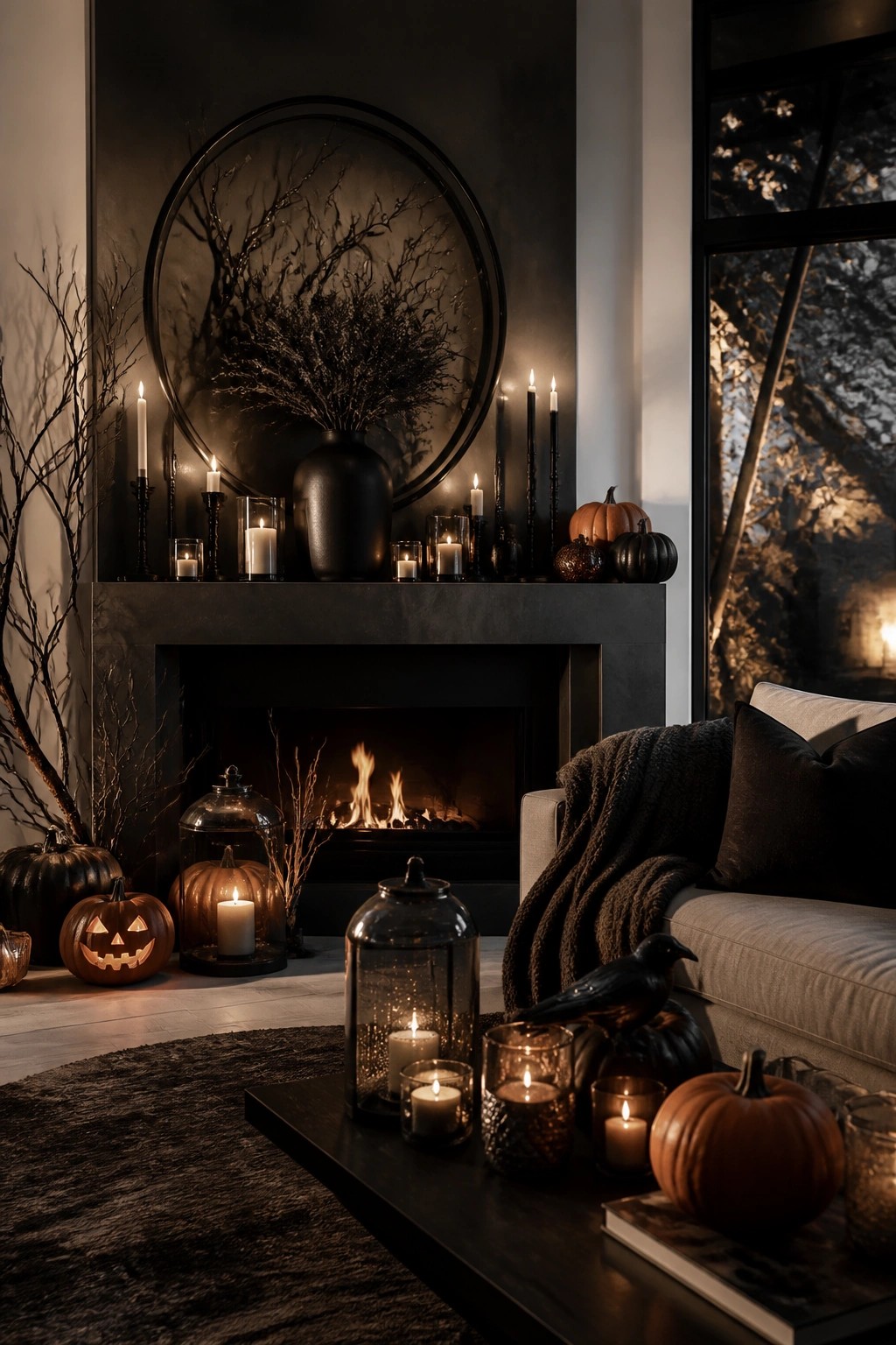 Living room fireplace mantel styled for Halloween with black candles, dark branches in a vase, glass holders, and pumpkins placed around the hearth.
