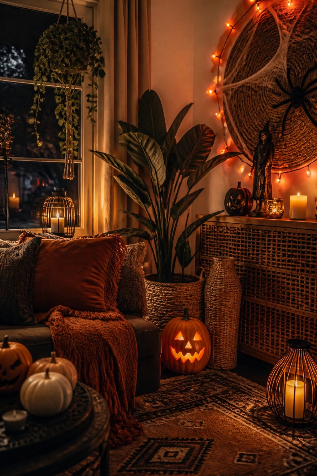 Living room corner with several glowing jack o lanterns placed on the floor and table, spiderwebs on the wall, and candles for Halloween.