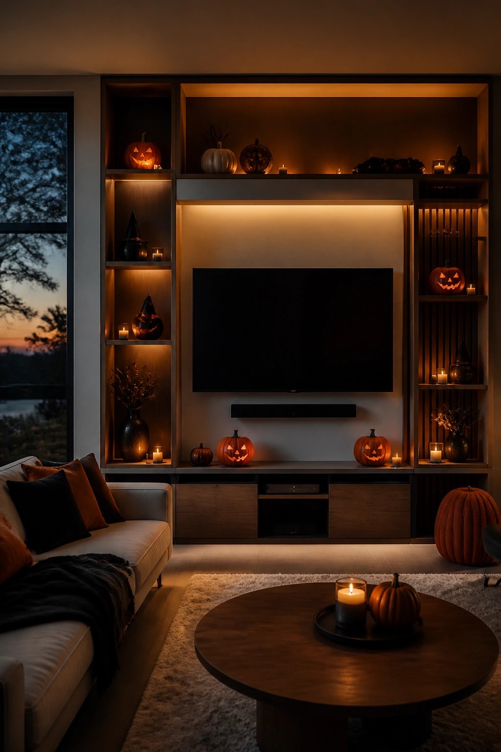 Cozy living room with lit jack-o'-lanterns, TV, sofa, and round coffee table.