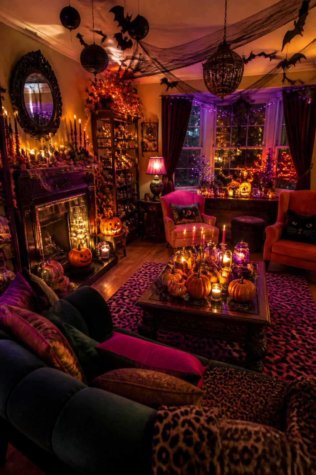 Living room ceiling covered with black bats and spiderwebs, pumpkins and candles placed around the furniture below.