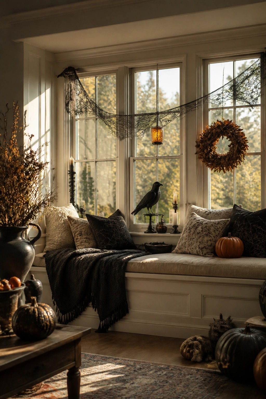 Living room window seat with black lace spiderwebs stretched across white window frames, a black crow figure on the sill, and neutral pillows with subtle web patterns.