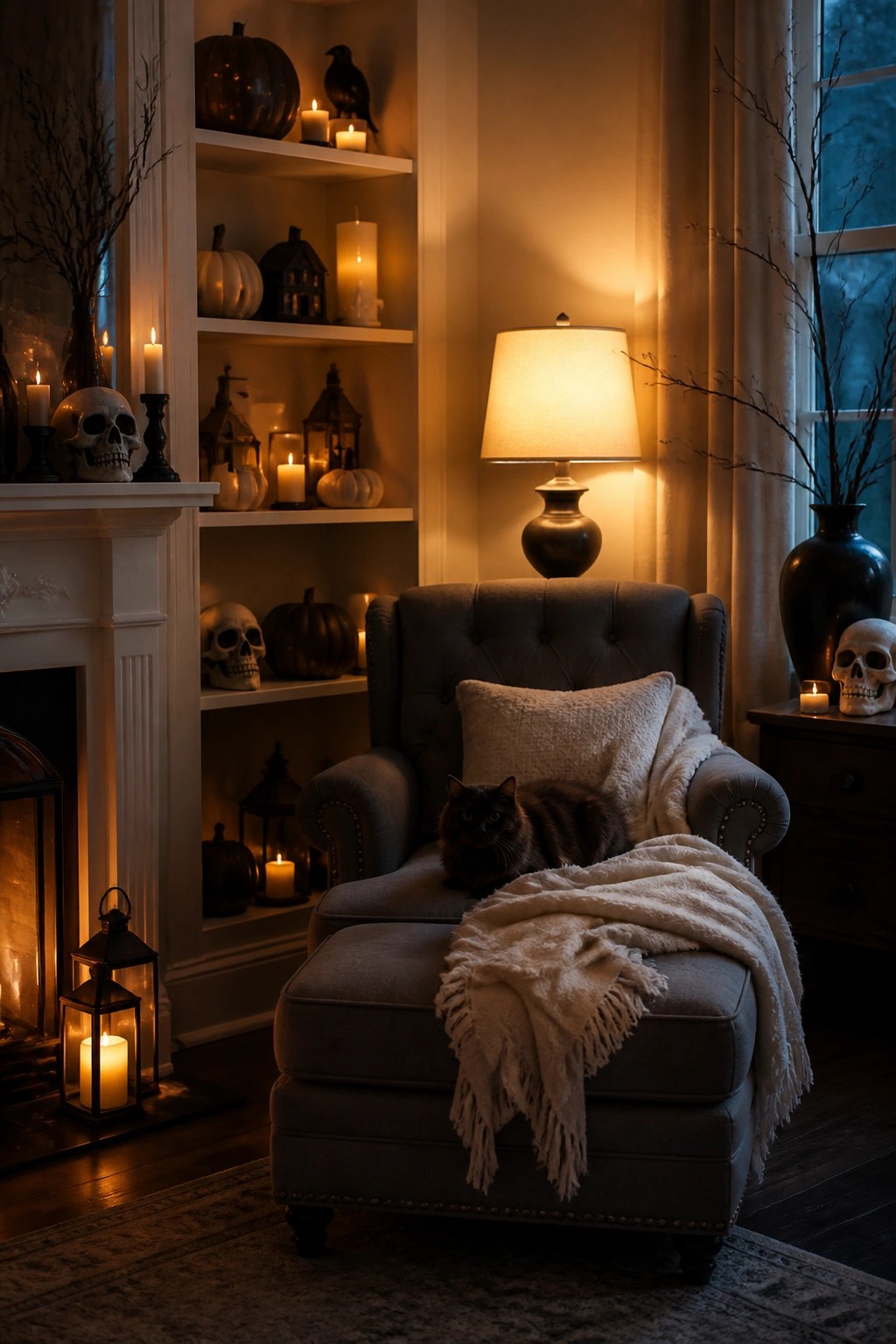 Gray armchair with a black cat resting on it, surrounded by white built-in shelves holding skulls, pumpkins, candles, and lanterns in a dimly lit living room.