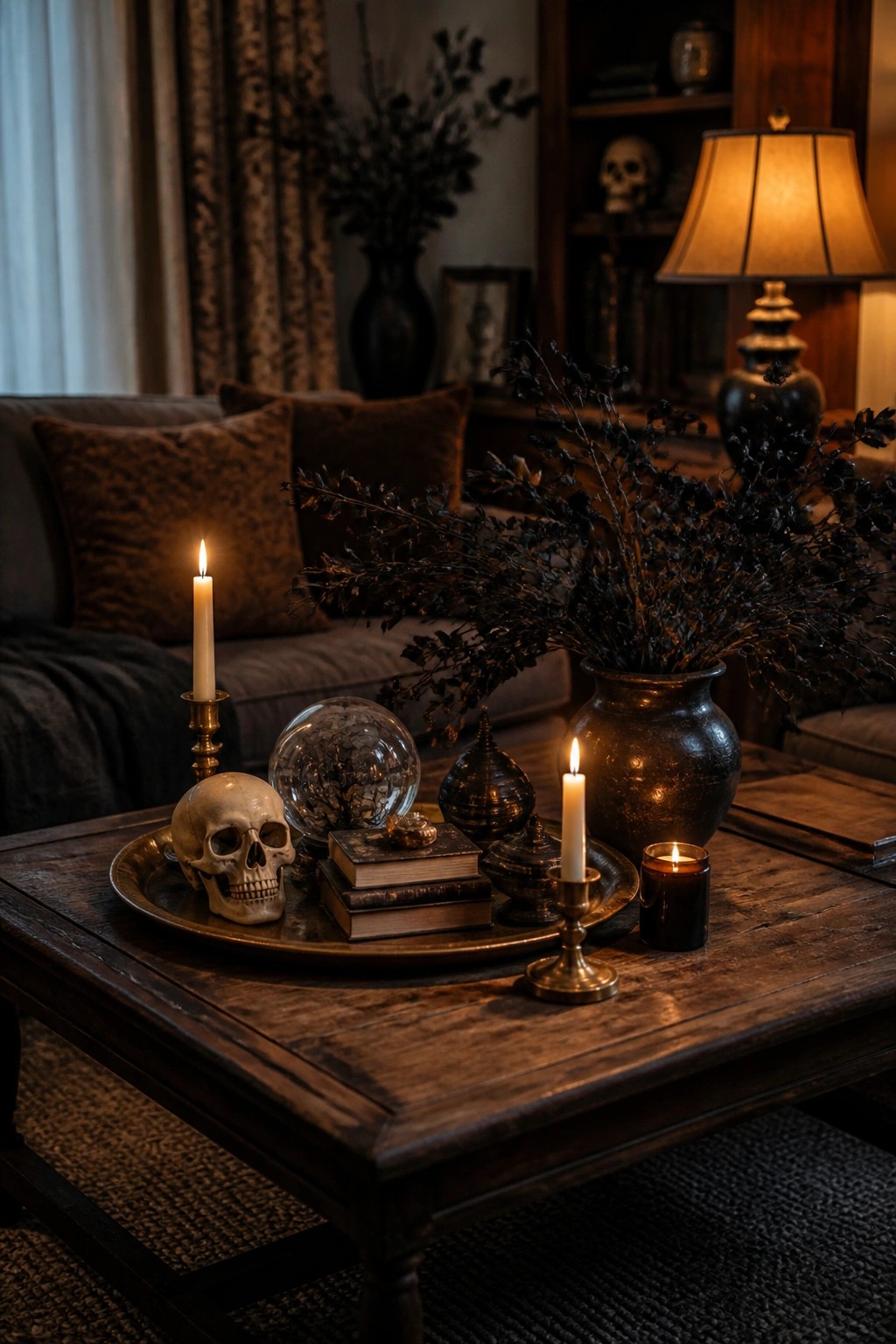 Wooden coffee table with a brass tray holding a skull, stacked books, a glass orb, candles, and a large vase of dark branches in a living room.