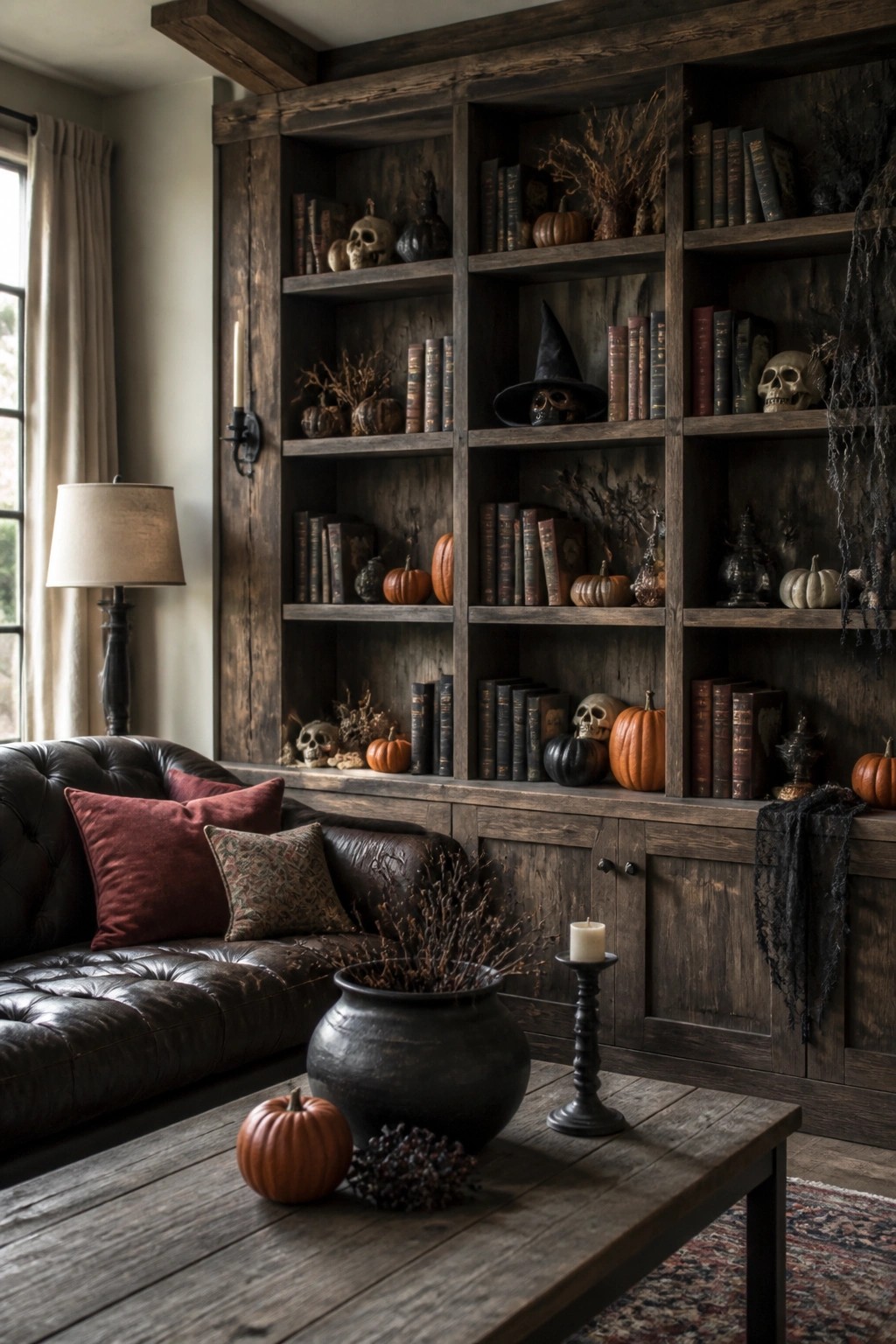 Living room with a large dark wood built-in bookshelf decorated with skulls, a witch hat, books, and small pumpkins.