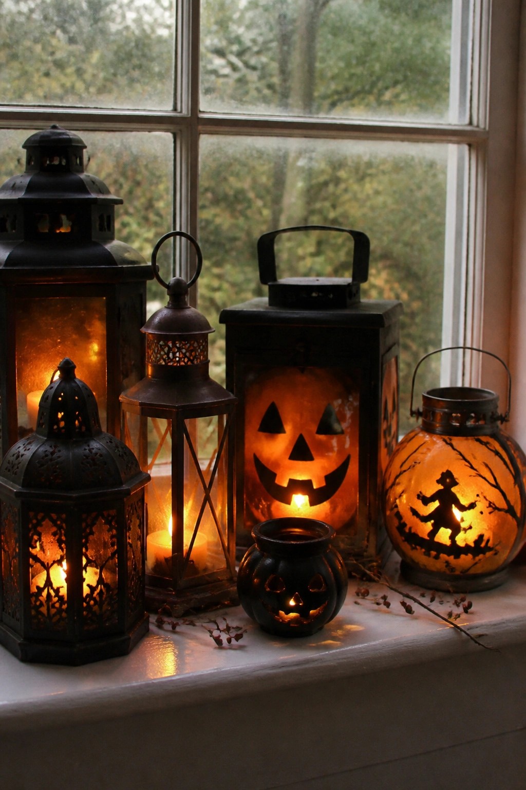 A row of black metal Halloween lanterns and small carved pumpkins glowing on a white windowsill in front of a window.