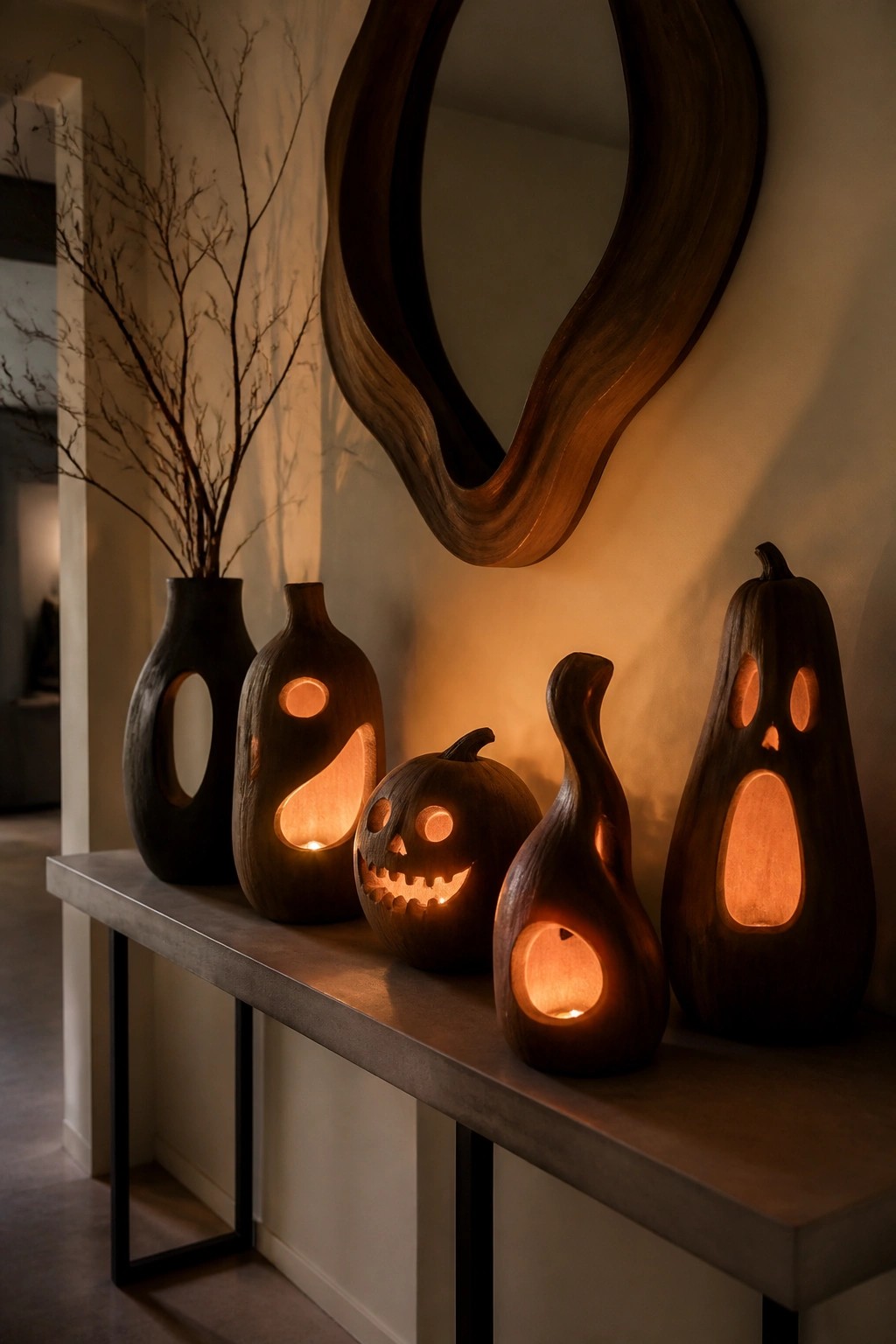 Console table in an entryway holding five carved and lit jack o lanterns made from dark gourds and pumpkins of varying shapes.