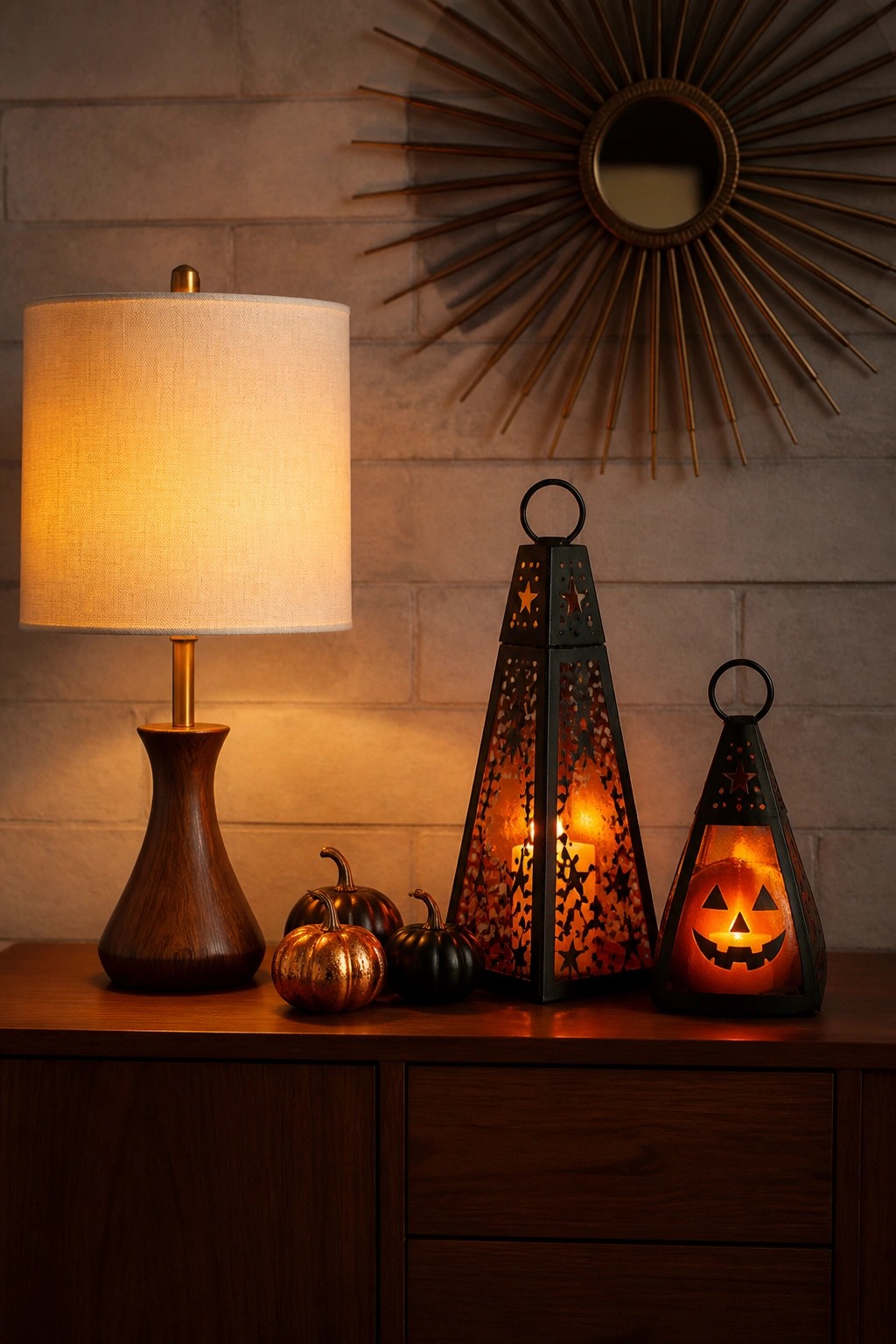 Wooden console table holding two black metal Halloween lanterns with cutout designs, one showing a jack o lantern face, both lit with candles next to small pumpkins and a table lamp.