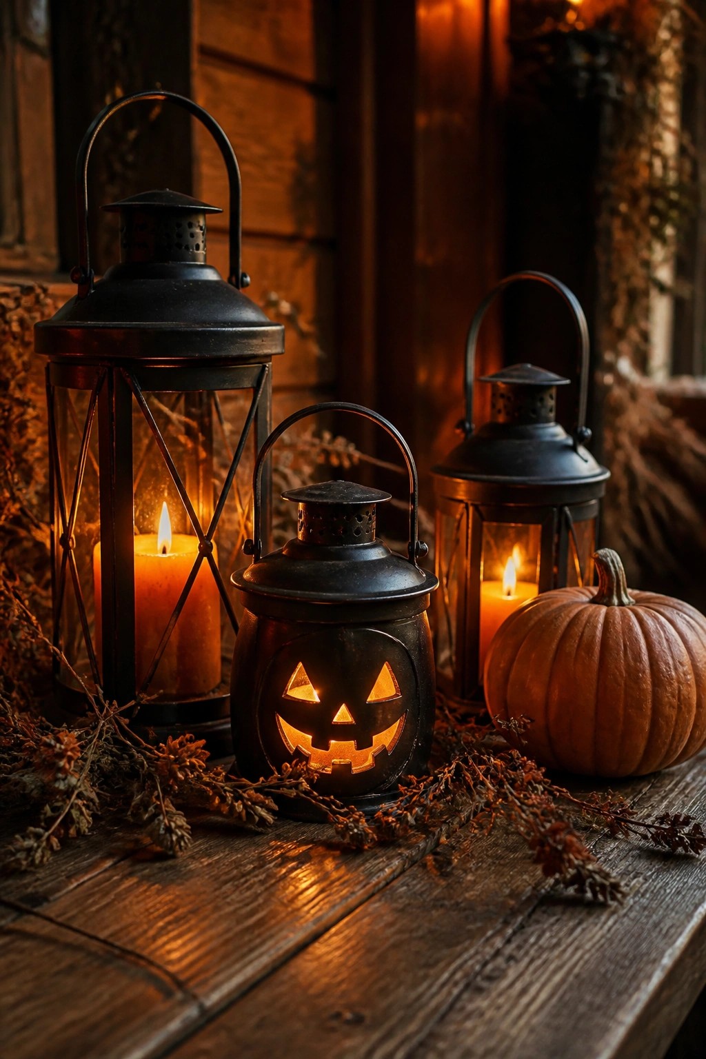 Black lanterns with lit candles and pumpkin amid dried leaves on wood