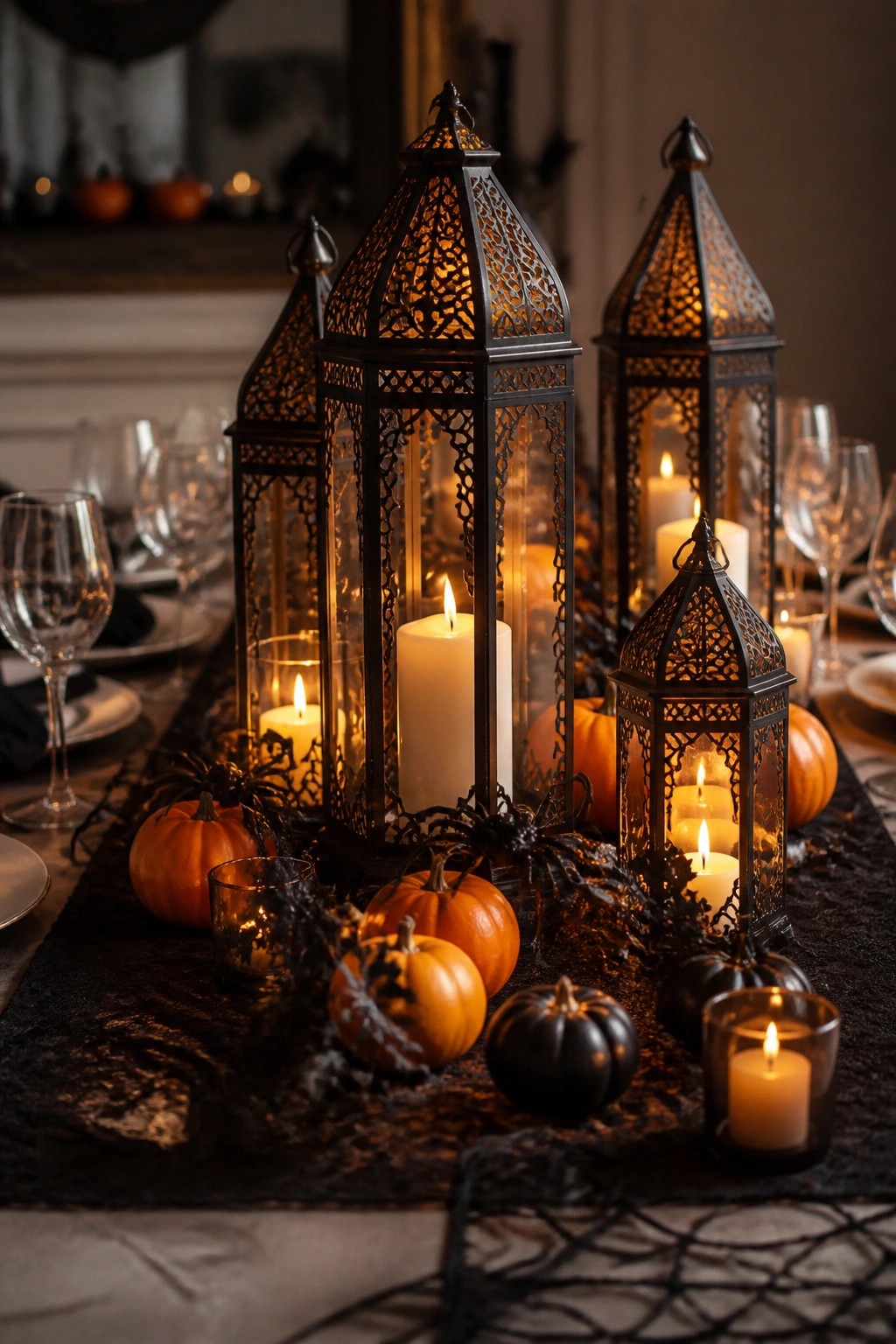 Black ornate lanterns with glowing candles amid pumpkins and spiders on dark runner