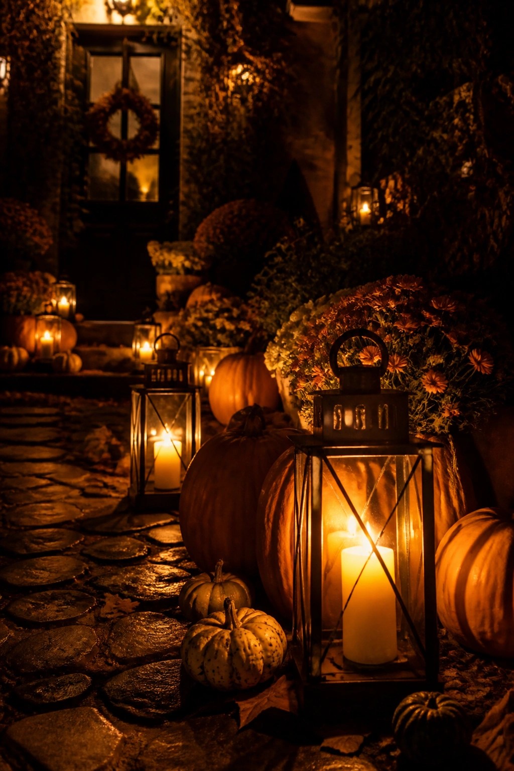 Stone walkway at night lined with black metal lanterns holding lit candles, placed among orange pumpkins near a front door.