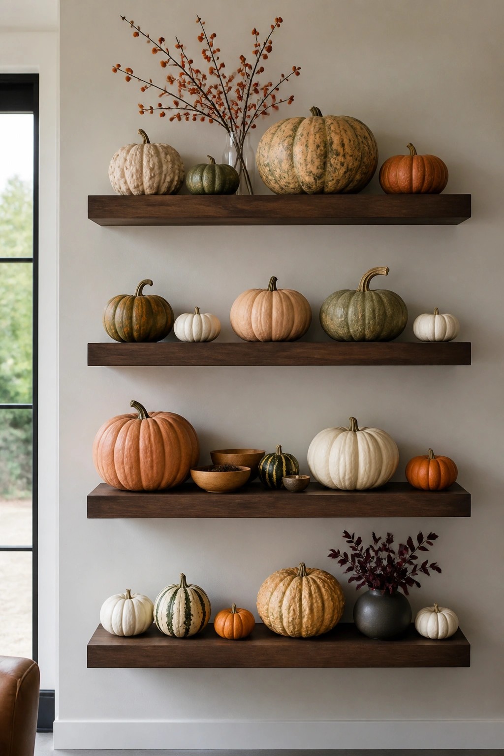 Four dark wooden floating shelves hold a collection of pumpkins in white, orange, green, and striped varieties along with small wooden bowls and branches with orange berries.