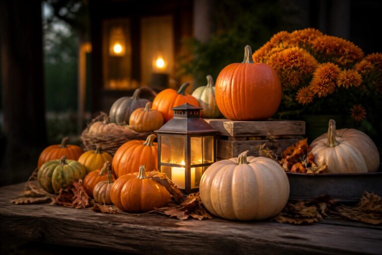 Assorted pumpkins in orange, white, green, and striped varieties arranged on a wooden table with dried flowers in a metal container.