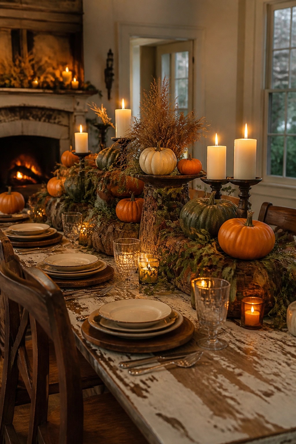 Dining table set with white plates and a long centerpiece of orange, green, and white pumpkins mixed with lit candles and dried foliage.