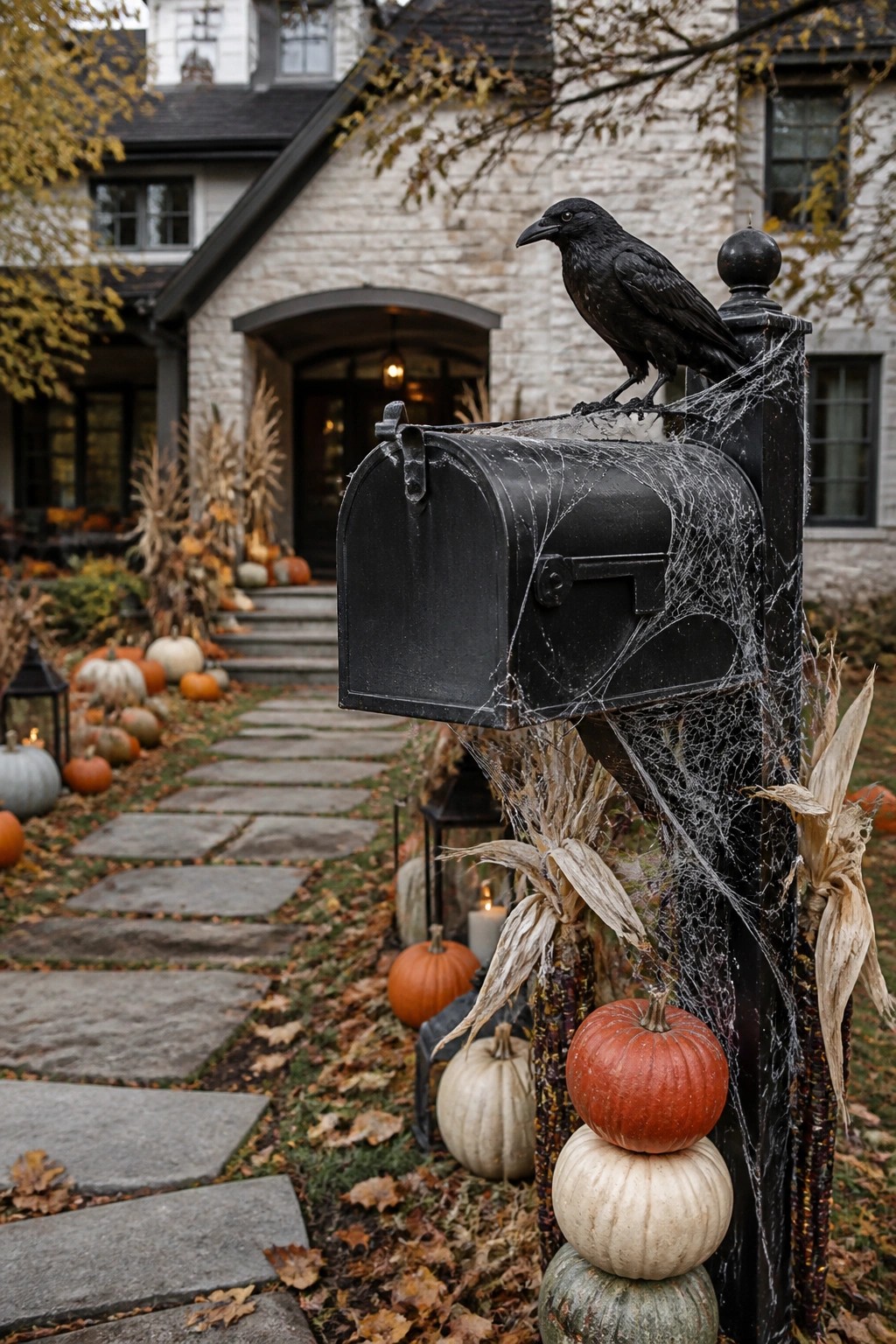 Black mailbox wrapped in spiderwebs with a crow perched on top and stacked pumpkins at the base along a stone walkway.