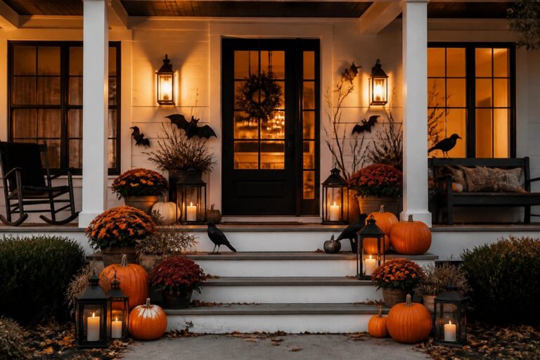 21 Distinctive Outside Halloween Displays That Turn Heads Front porch steps lined with orange and white pumpkins and glowing lanterns at dusk.