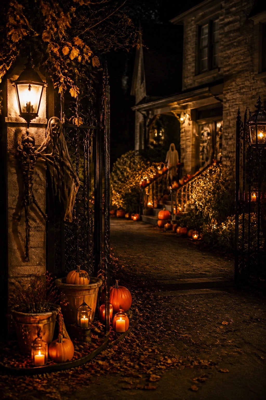 Nighttime view of a stone house gate decorated with hanging ghost figures, a skeleton, pumpkins, and glowing candles along a leaf-covered path.