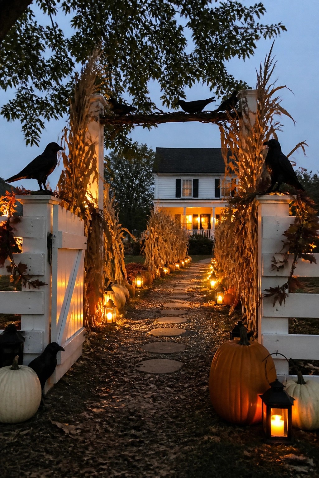 Outdoor walkway lined with black crows on a white gate arch and posts, plus lanterns and pumpkins along the path at dusk.