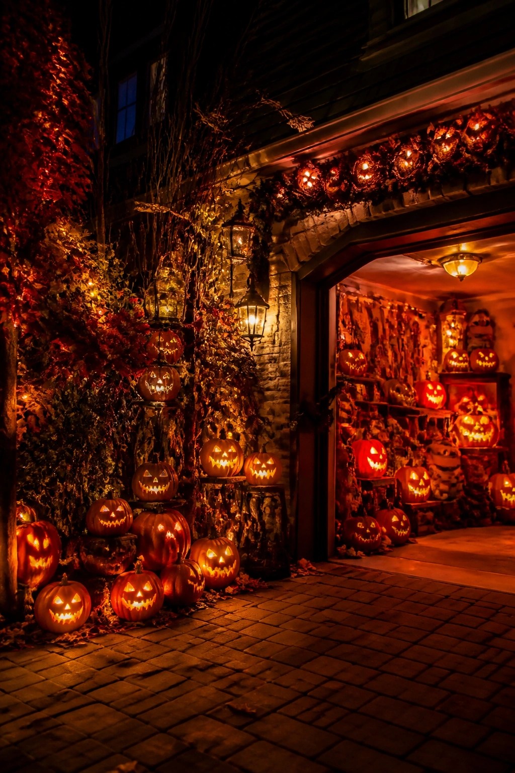 Glowing jack-o'-lanterns stacked beside a brick house entrance at night