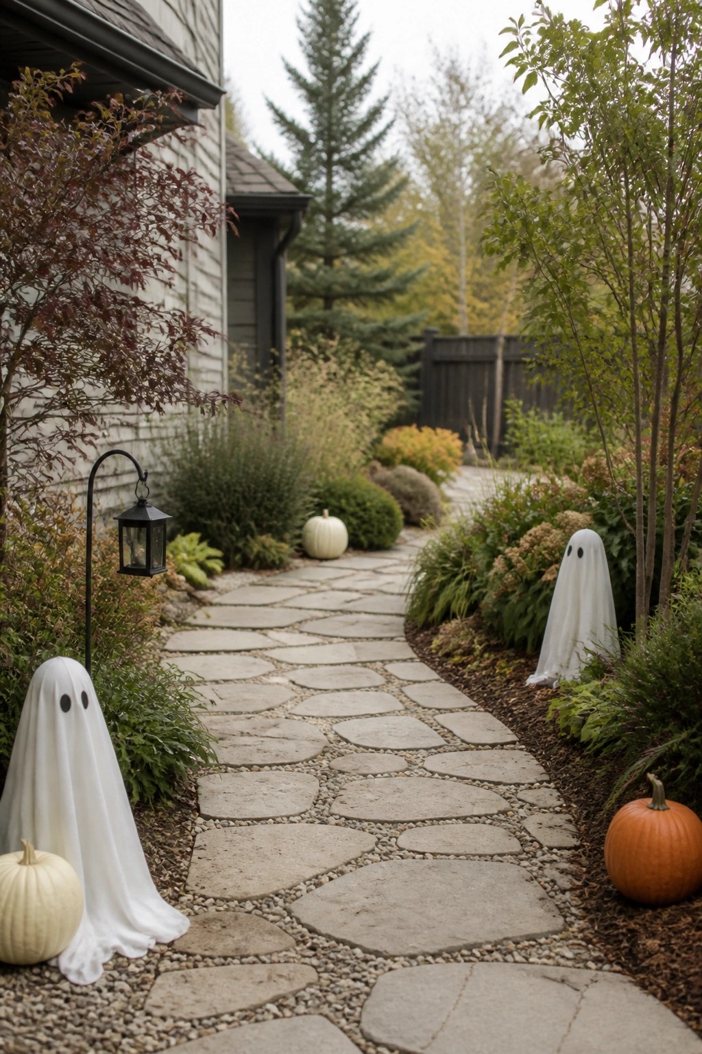 Stone pathway with sheet ghosts, pumpkins, and lantern amid autumn garden foliage