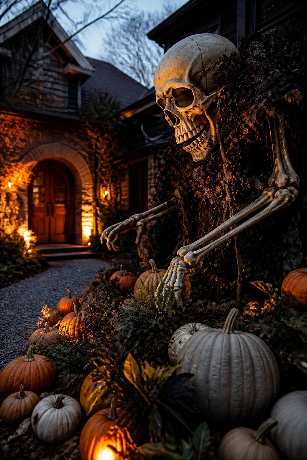 Large skeleton decoration climbing an ivy-covered wall next to a stone house entrance, with pumpkins scattered on the ground around its base.