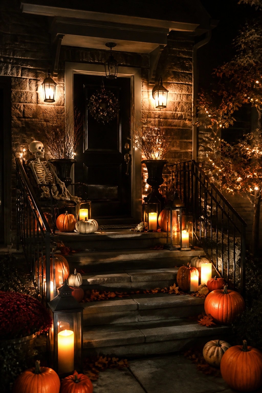 Front porch at night featuring a skeleton seated in a chair on the steps, surrounded by pumpkins and lanterns.