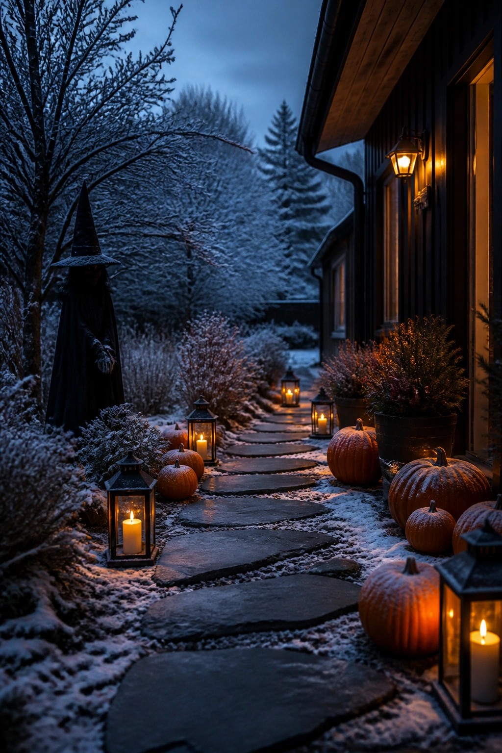 Snowy outdoor walkway lined with lanterns and pumpkins, featuring a tall witch figure standing beside a tree near a dark house.