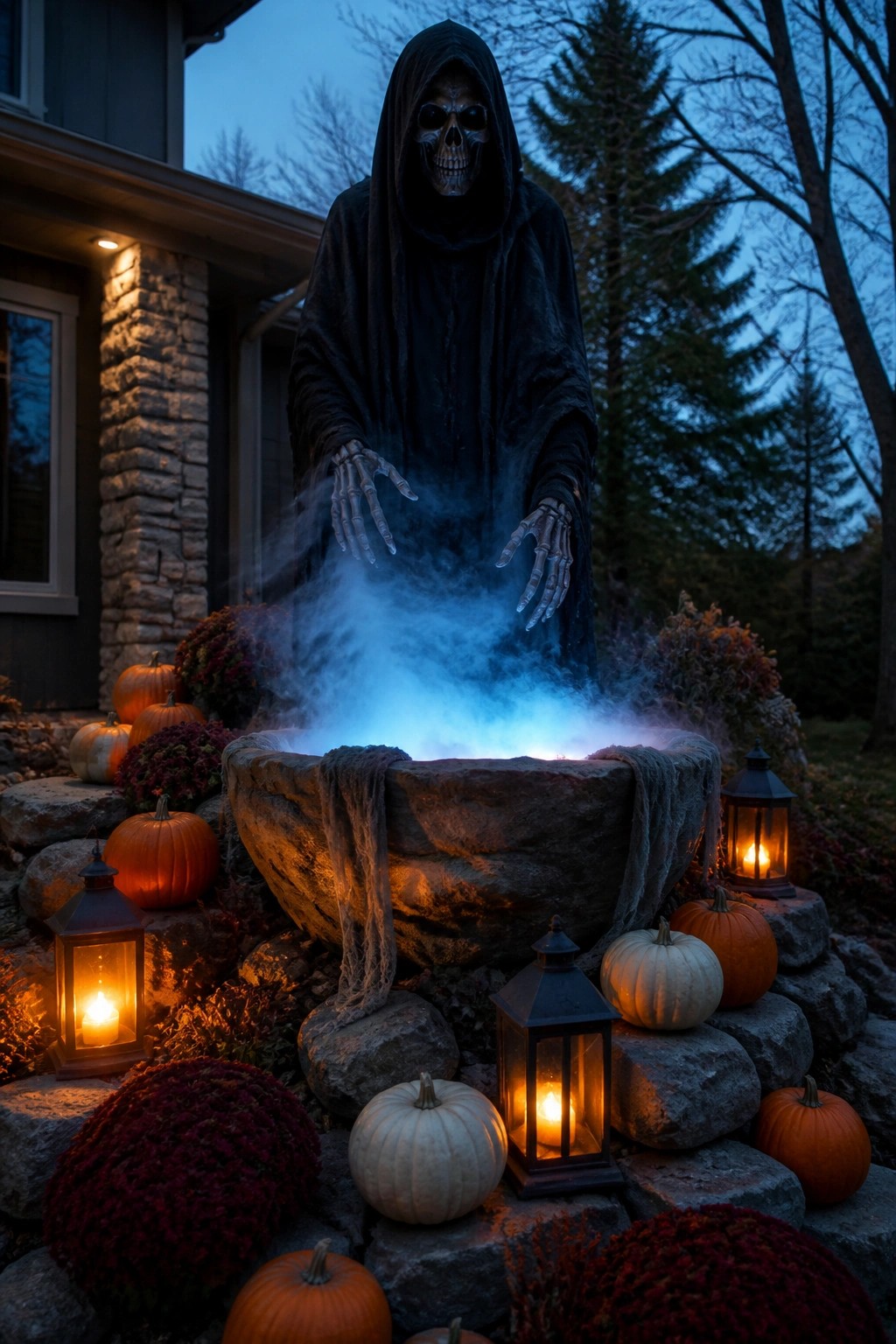 Tall skeleton figure in a black robe standing over a glowing stone cauldron with blue smoke, surrounded by pumpkins and lanterns in a yard at dusk.