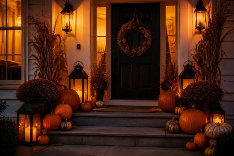 Front porch with black door, autumn wreath, pumpkins clustered on the steps and sides, and several lit lanterns.