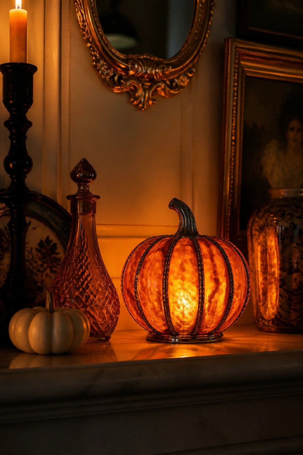 Glowing orange glass pumpkin lamp on mantel with candle, decanter, and white gourd.