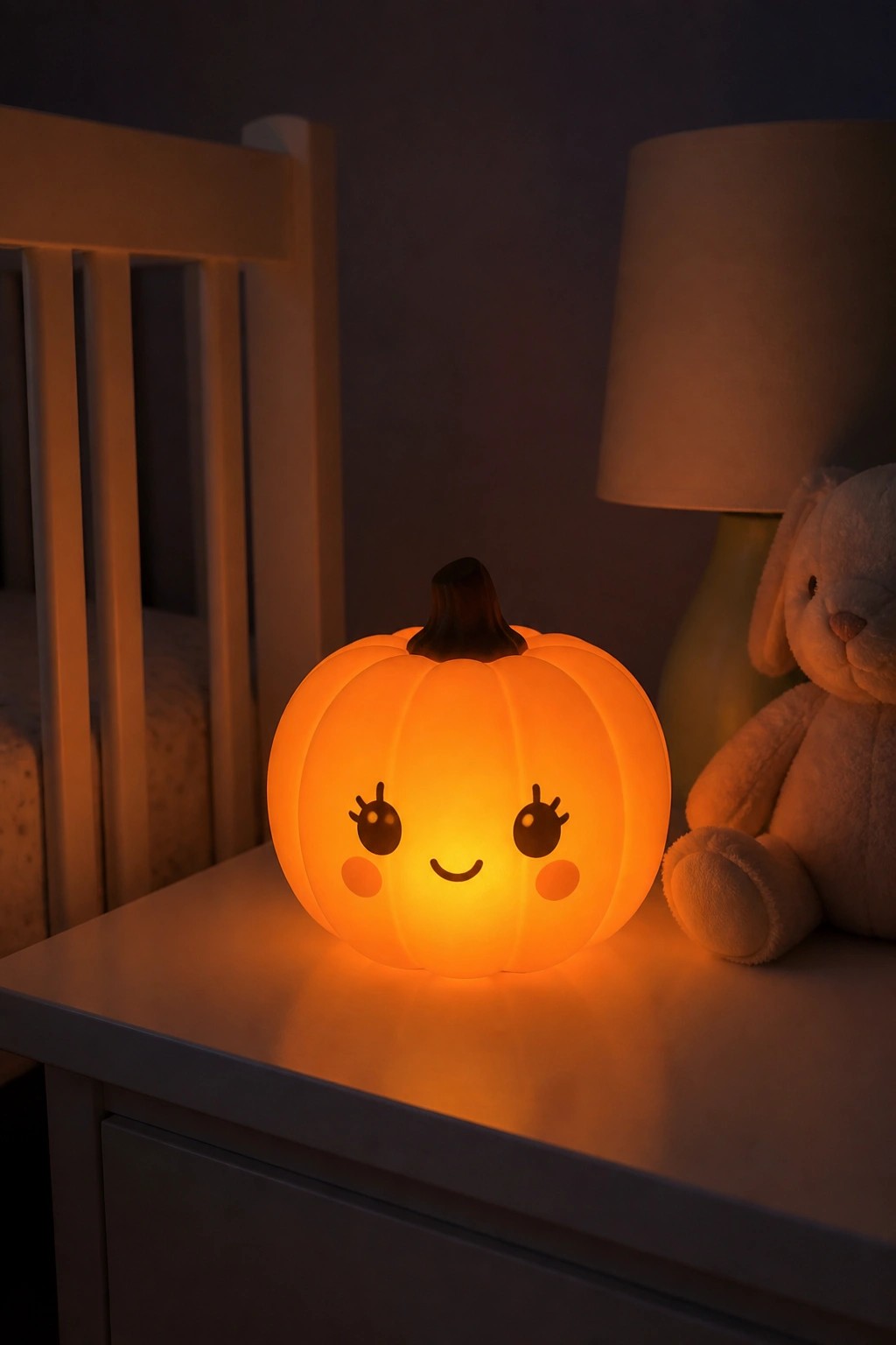 A glowing pumpkin night light with a cute carved face sits on a white nightstand beside a stuffed bunny in a bedroom.