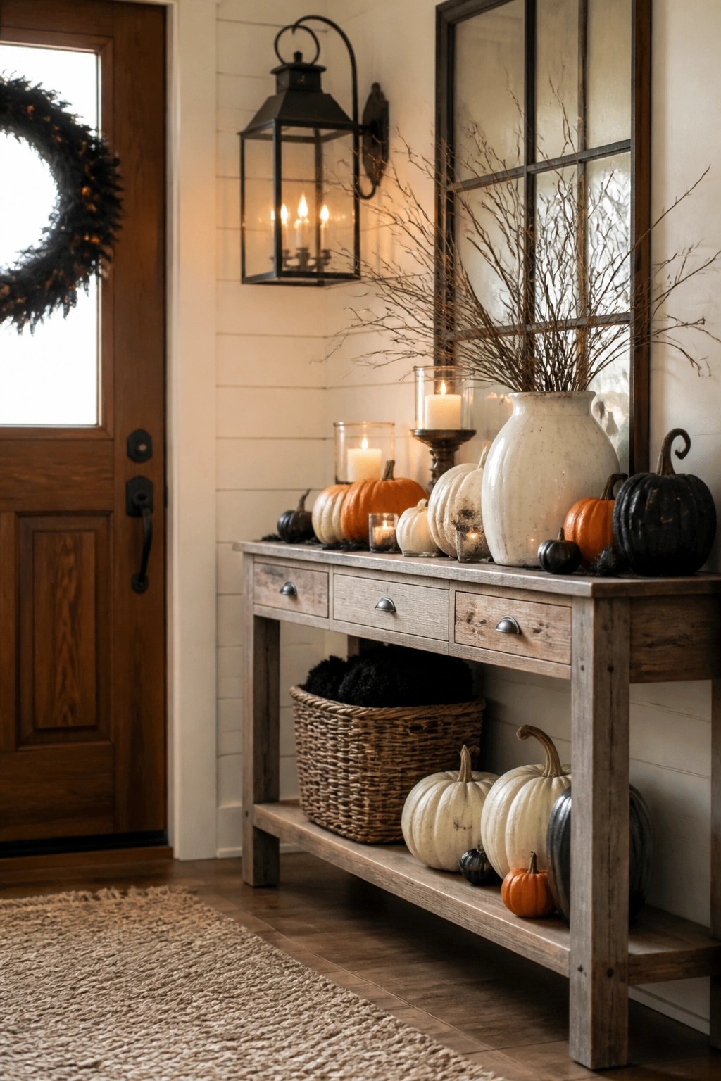 Entryway console table styled with white, orange, and black pumpkins, a large vase of bare branches, and several lit lanterns and candles.