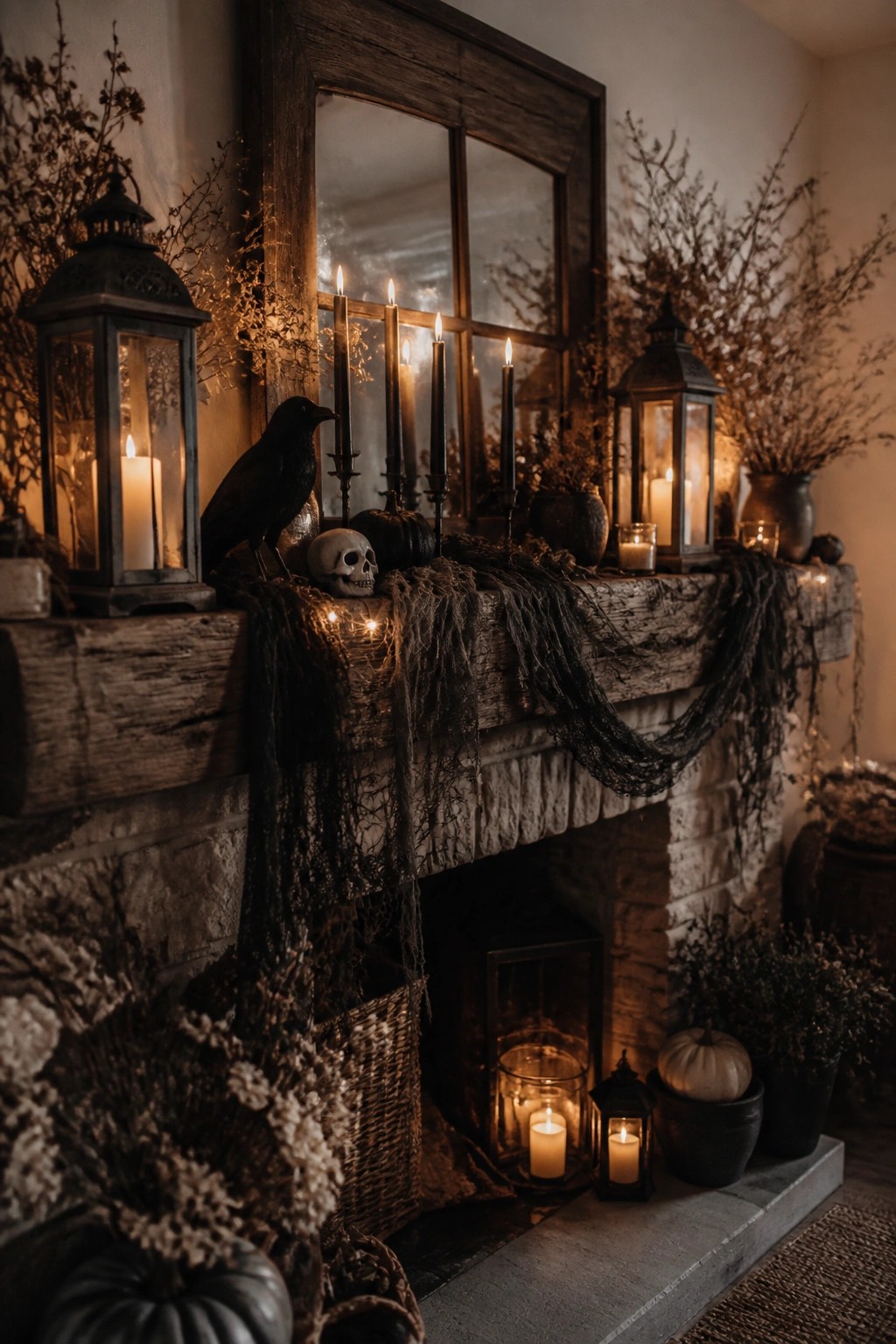 Rustic wooden mantel styled for Halloween with black taper candles, a black crow figure, a skull, dark garland, and small lanterns.