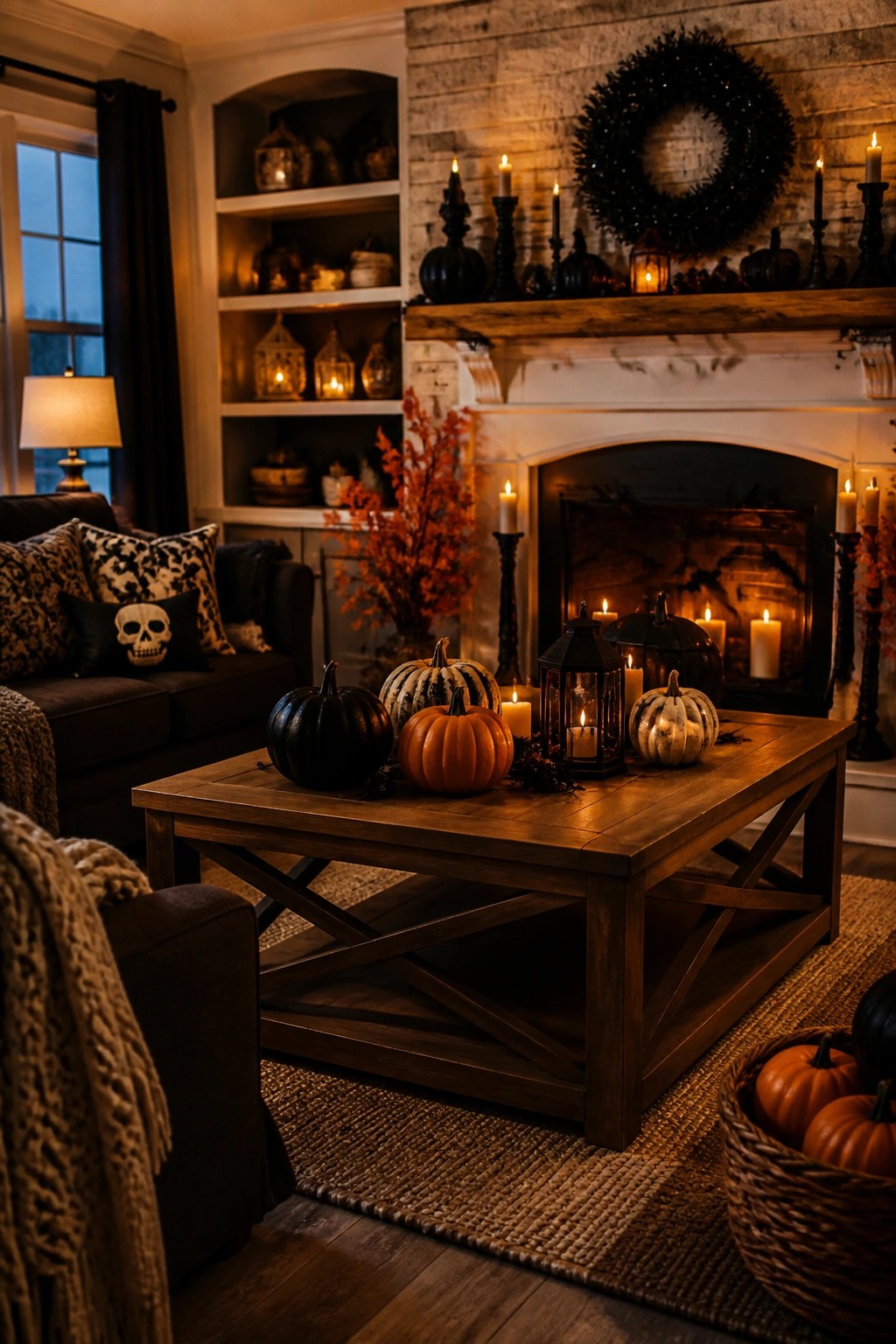 Cozy living room with fireplace, black and orange pumpkins, candles, and skull pillow