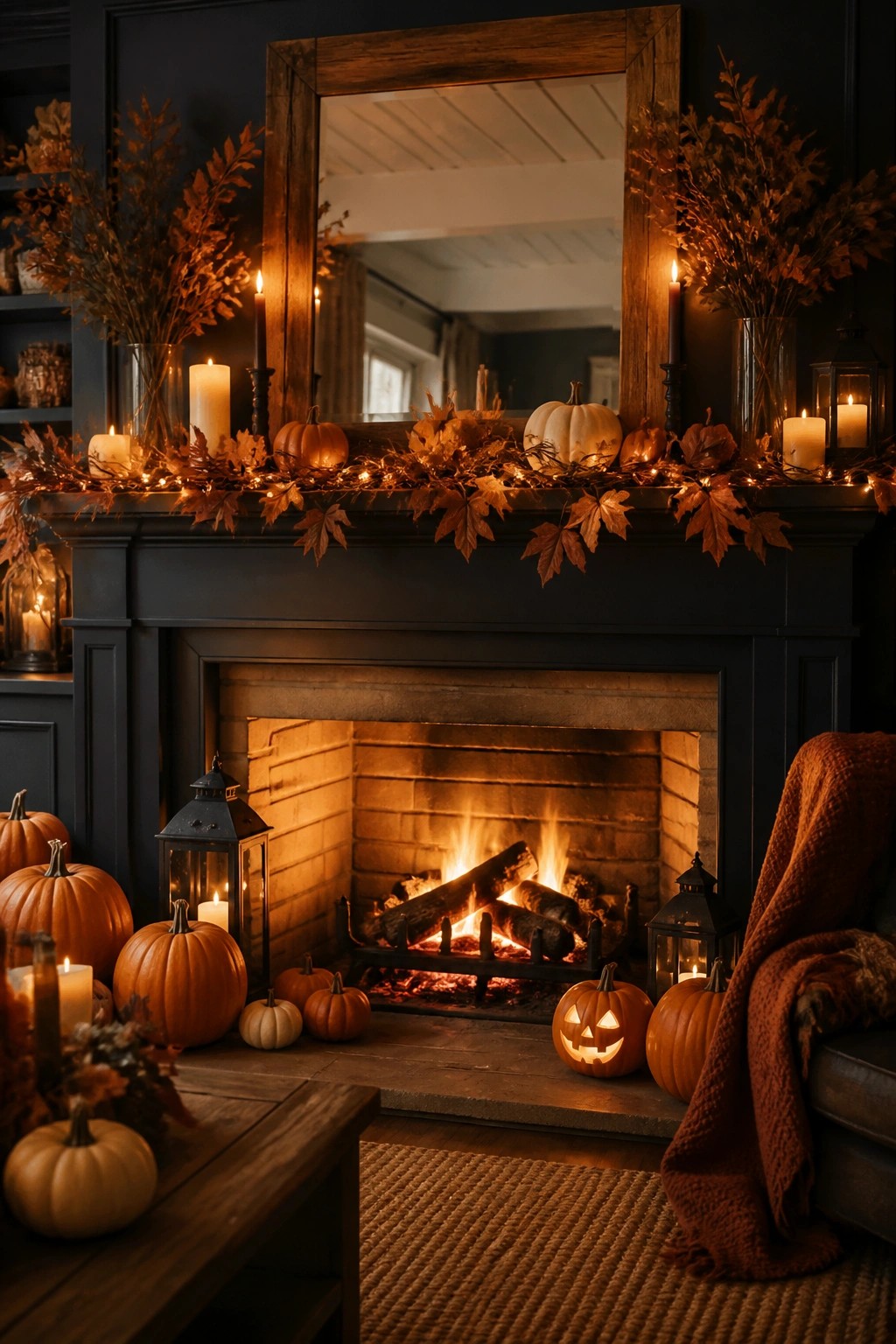 Dark fireplace mantel decorated with pumpkins, carved jack o lanterns, candles, dried leaves, and string lights.
