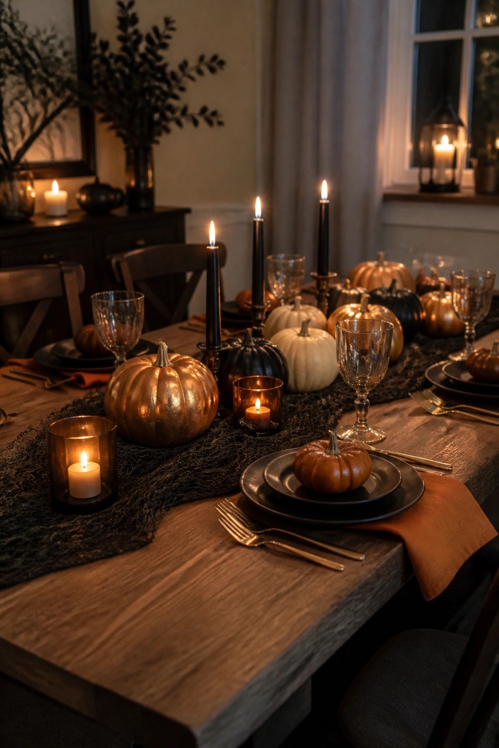 Rustic wooden dining table set with black candles, assorted pumpkins in black white and metallic finishes, and a dark gauze runner.