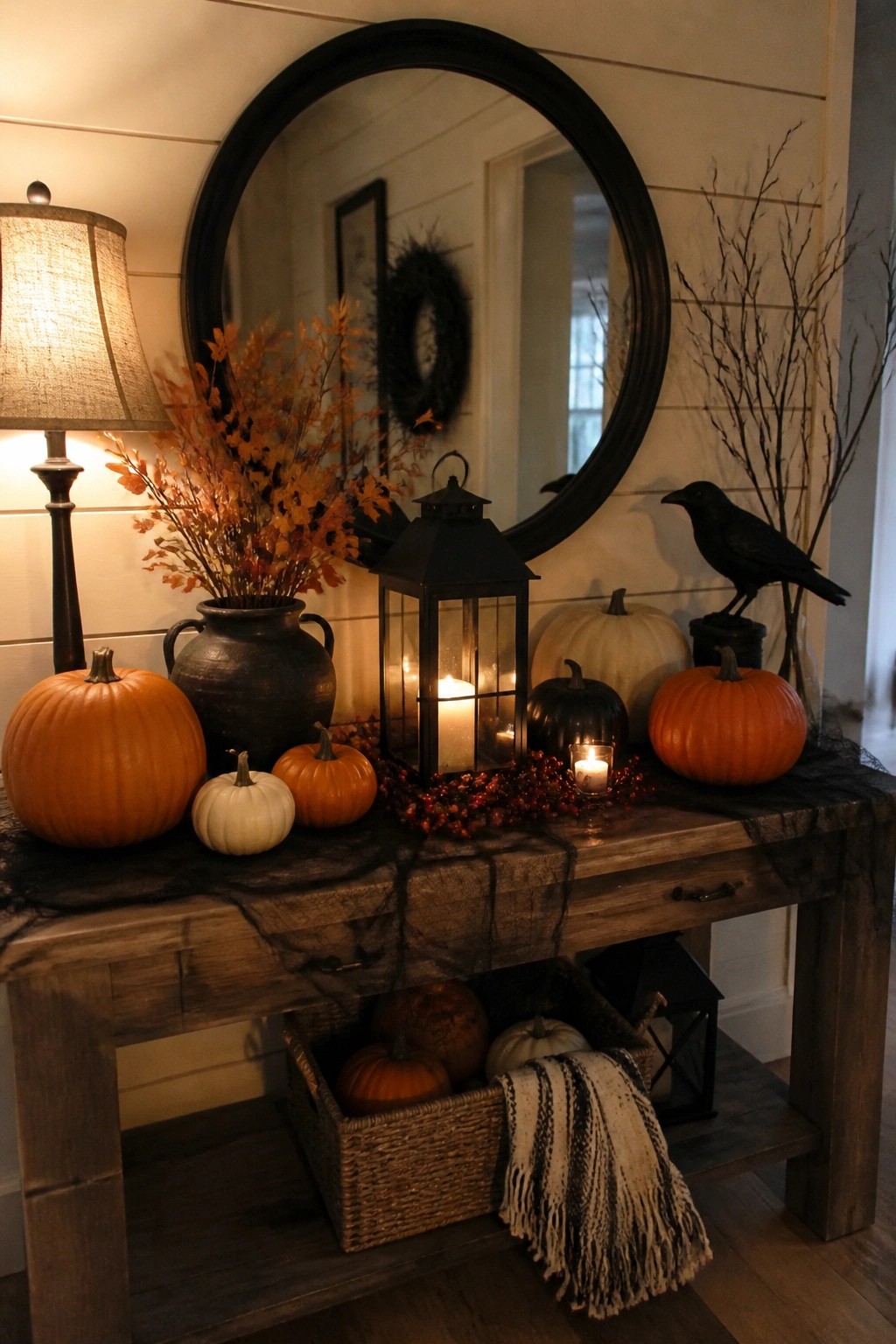 Rustic wooden table with orange pumpkins, lit lantern, black crow, and autumn leaves
