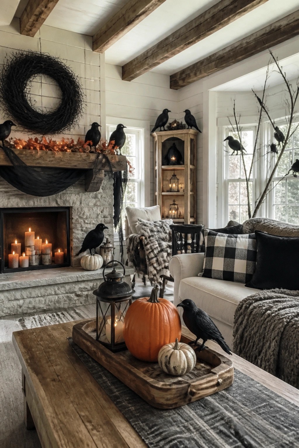 Living room mantel decorated with black crows, a black wreath, string lights, and candles in the fireplace.