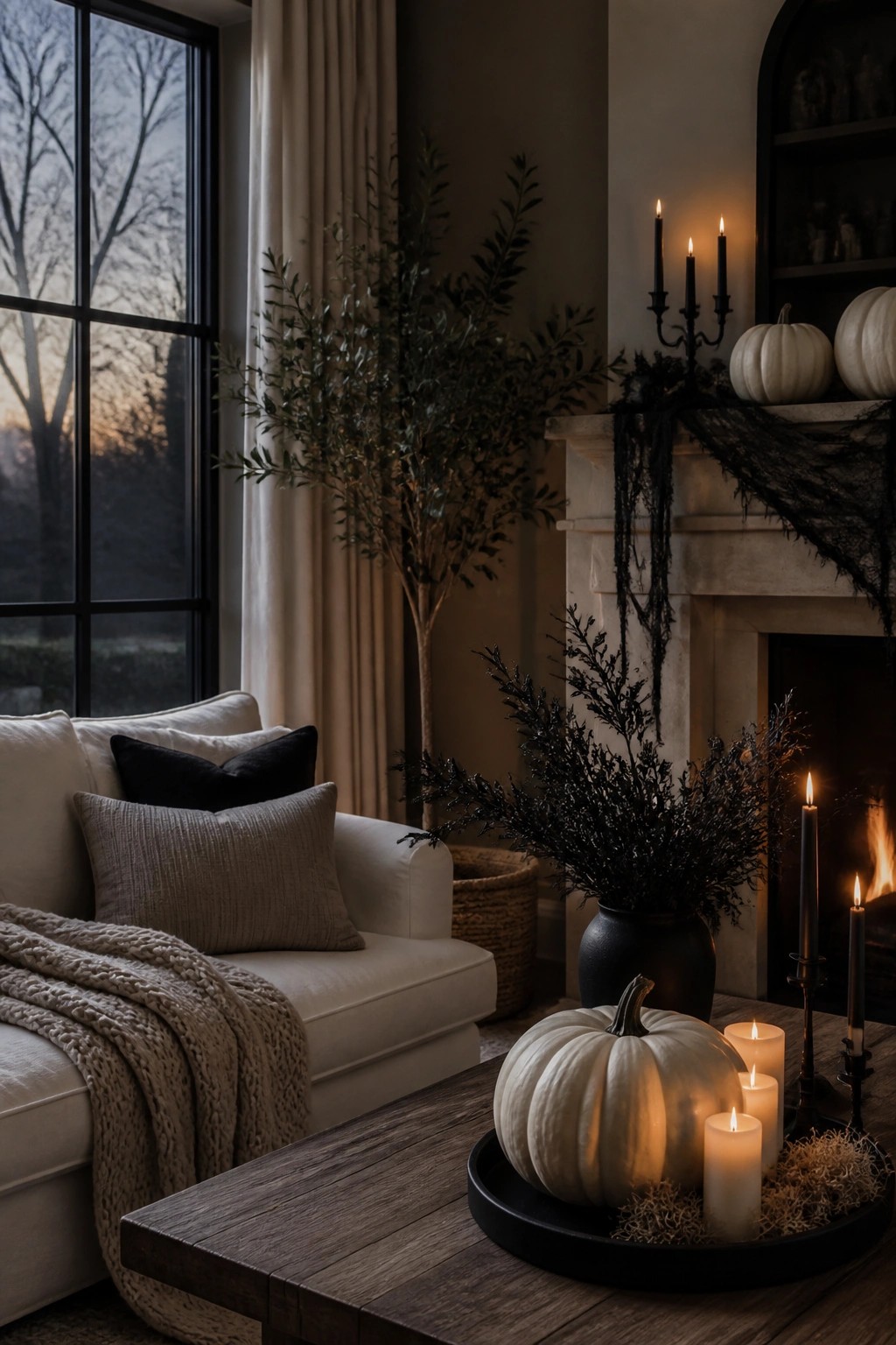 Living room mantel styled with black spiderweb material, black candelabra, and white pumpkins beside a lit fireplace.
