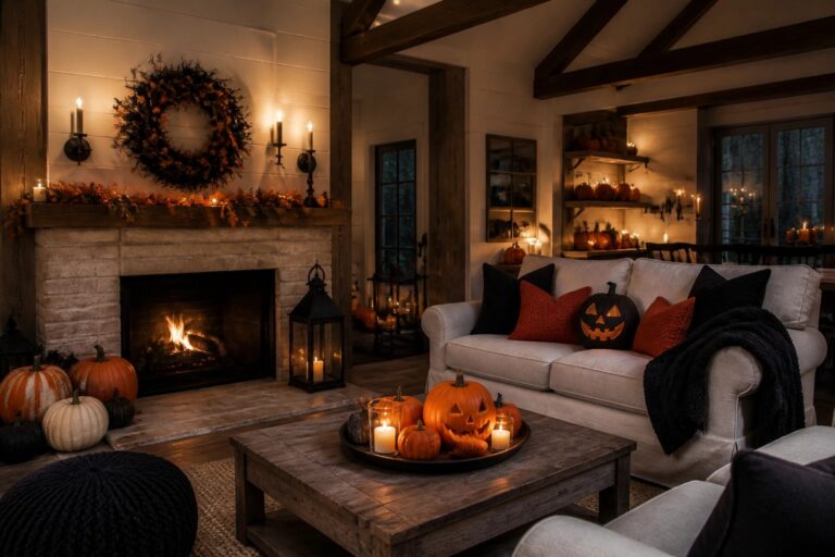 Cozy living room with fireplace, black and orange pumpkins, candles, and skull pillow