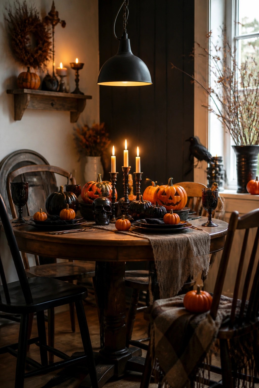 Rustic dining table set with carved jack o lanterns, a black skull, and black candles as the main Halloween centerpiece.