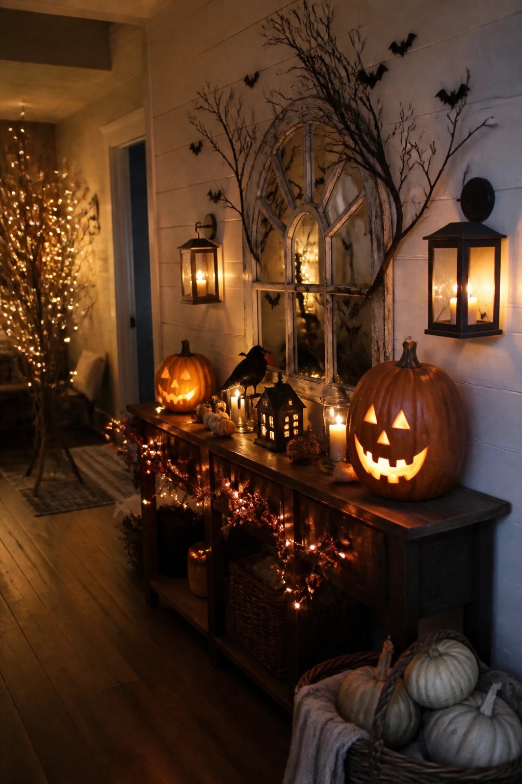 Halloween console table with glowing jack-o'-lanterns, lanterns, string lights, and bats.