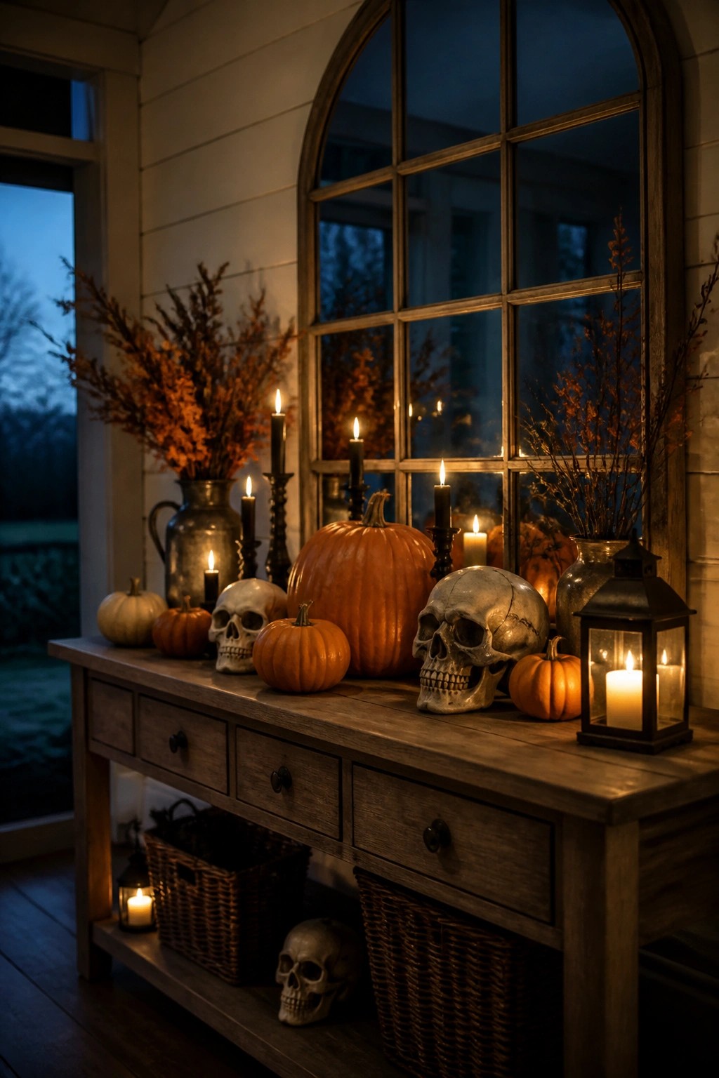 Wooden console table styled with decorative skulls, orange pumpkins, and lit candles in black holders beside a large window.