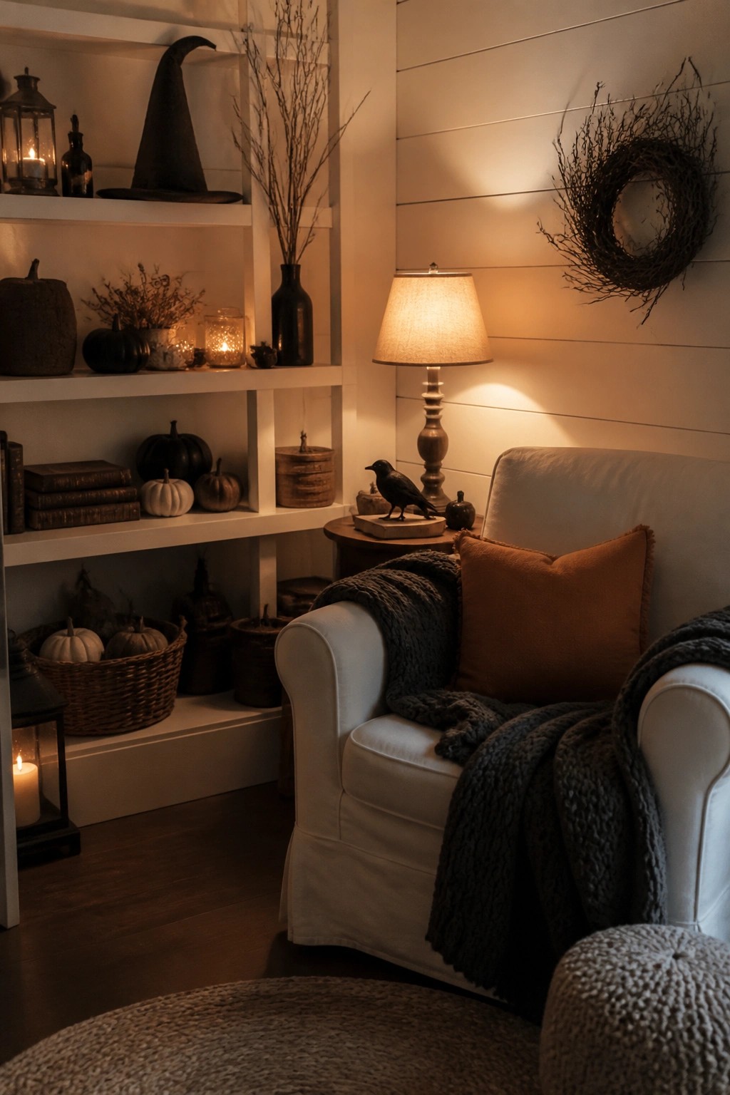 White built-in shelves in a living room styled with a black witch hat, black pumpkins, a crow figurine, lanterns, and rustic branches for a subtle farmhouse Halloween display.