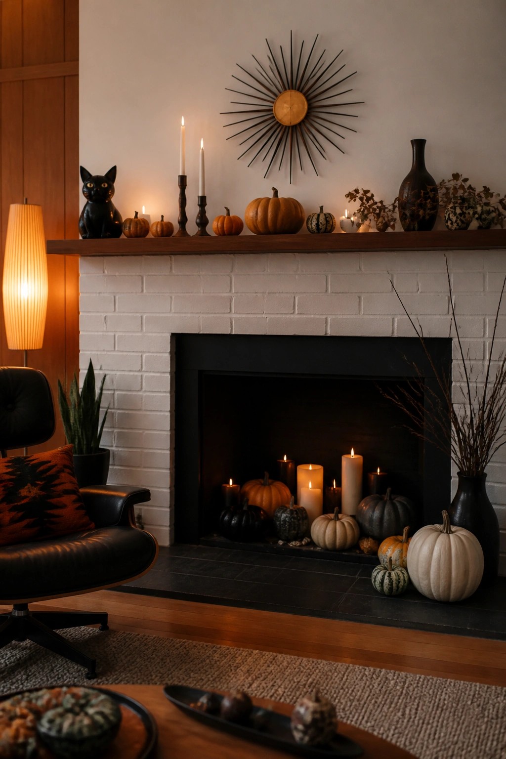 White brick fireplace with wooden mantel holding a black cat figurine, assorted pumpkins, and white candles, plus more pumpkins and candles inside the firebox.