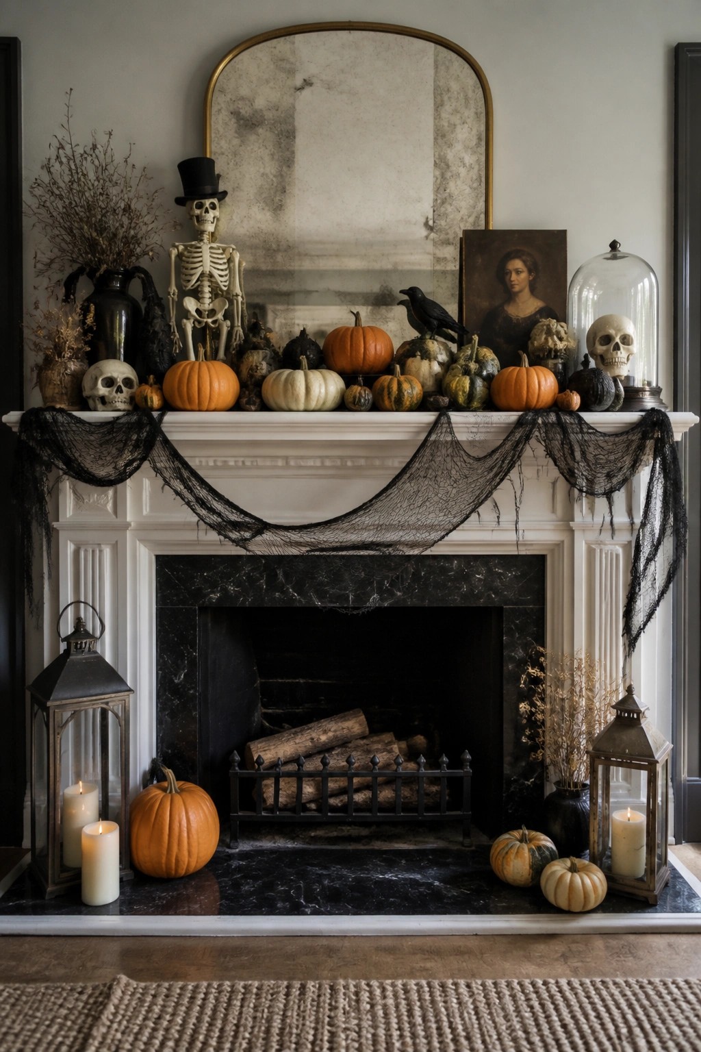 White fireplace mantel with pumpkins, skeleton, skulls, crow, and black lace garland.