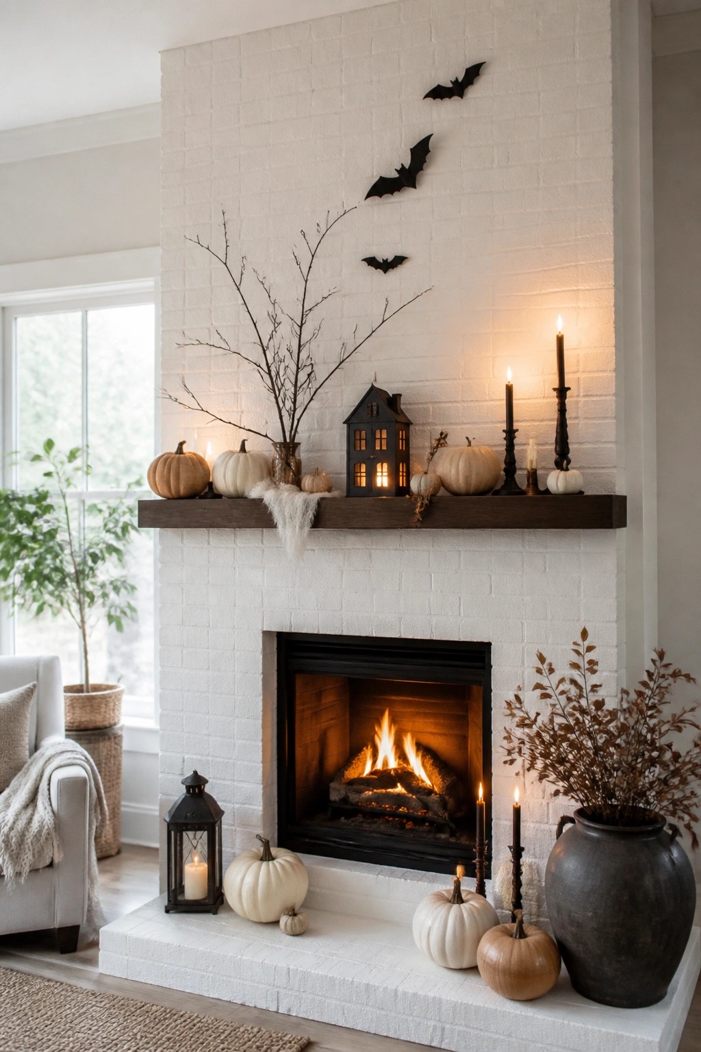 White brick fireplace with black bats arranged on the wall above the mantel, along with white pumpkins, a glowing black house, and black candlesticks.