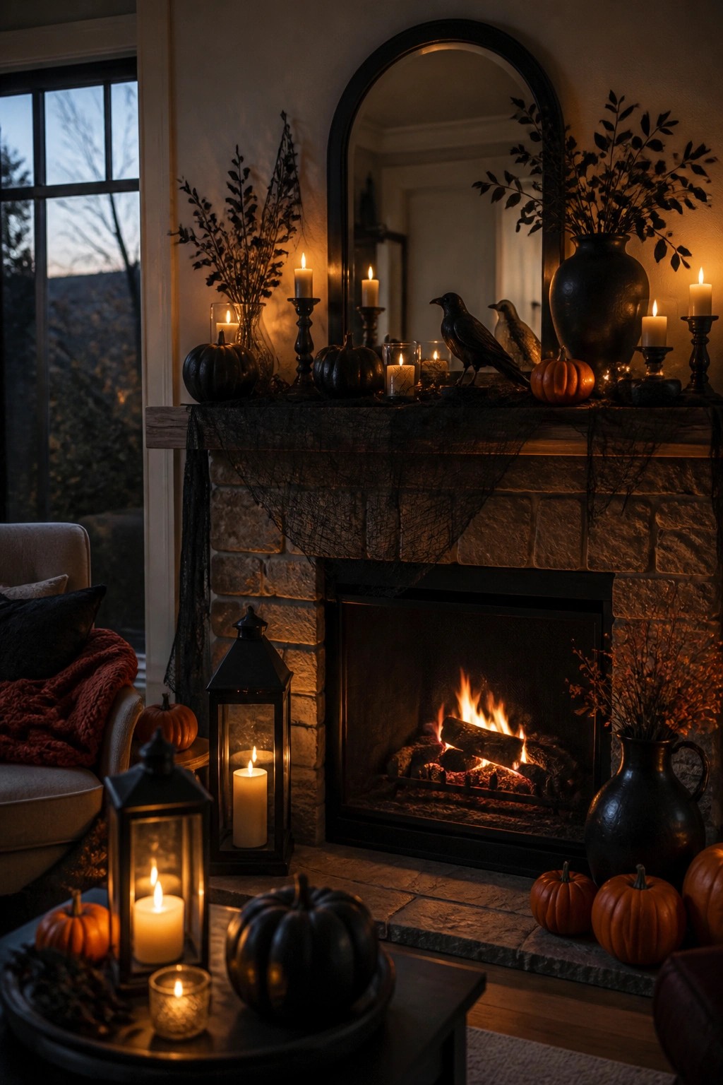 Stone fireplace mantel decorated with black crows, black pumpkins, candles, and dark vases for Halloween.