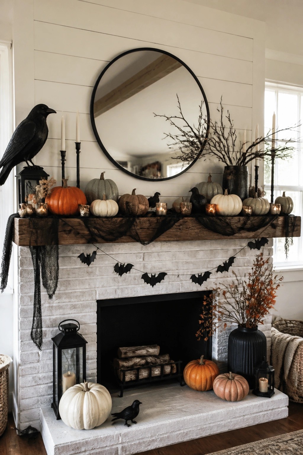 White brick fireplace with a wooden mantel decorated with pumpkins, black crows, candles, bare branches, and a bat garland.