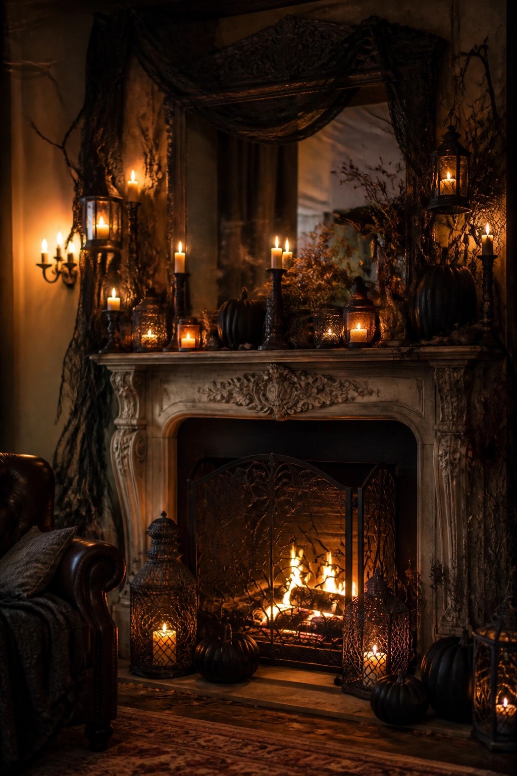 Fireplace mantel decorated for Halloween with black pumpkins, lanterns, candles, and dark fabric.